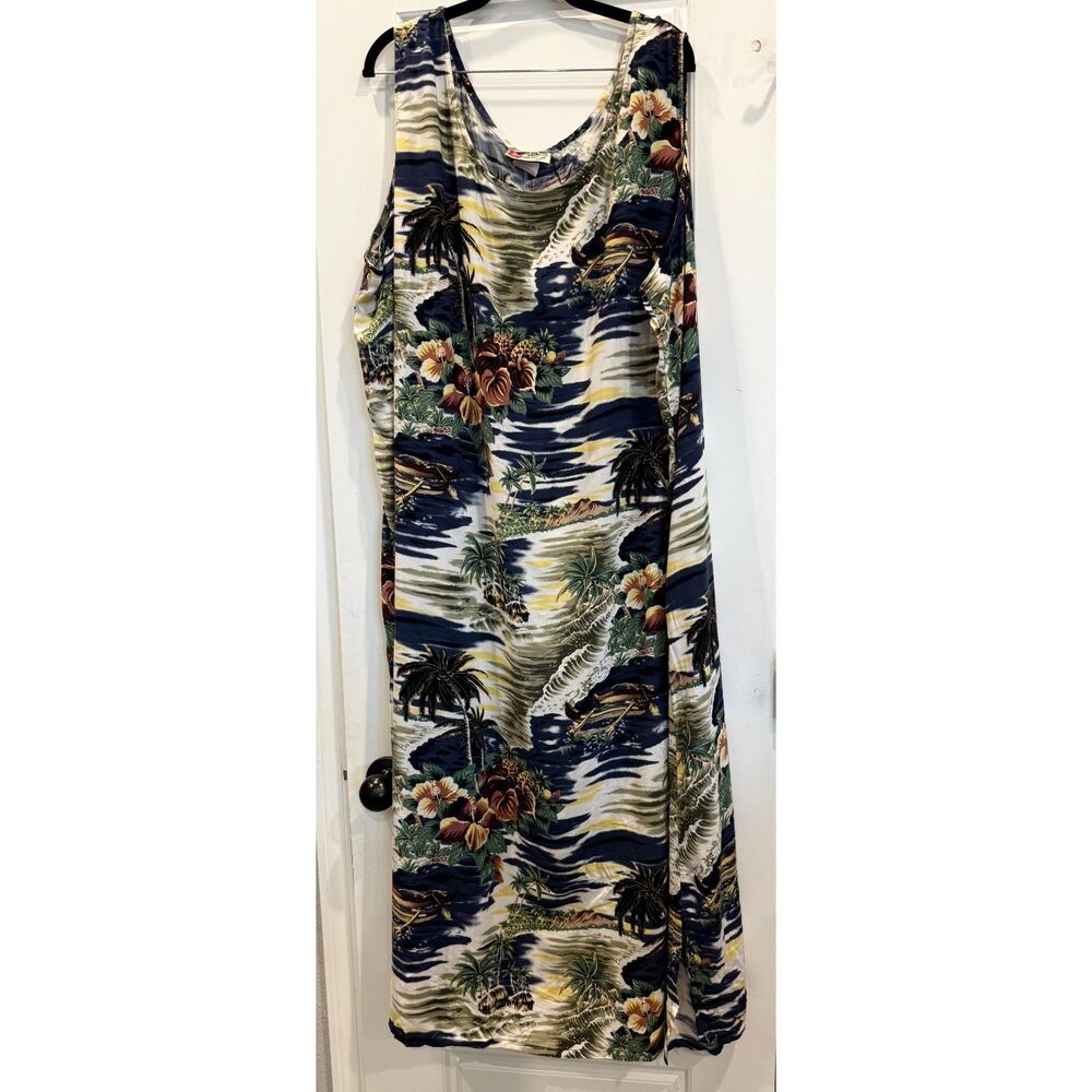 Vintage Hilo Hattie 4XL Rayon Tropical Ocean Palm Tank Maxi Dress Hawaii